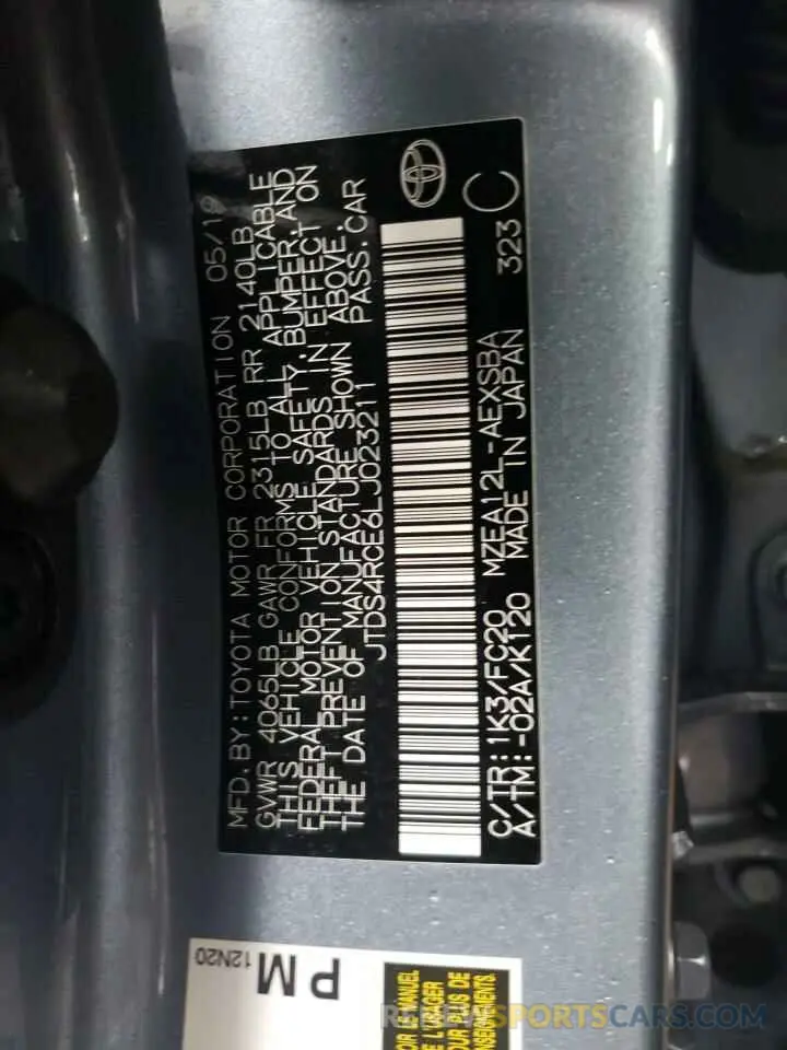 13 Photograph of a damaged car JTDS4RCE6LJ023211 TOYOTA COROLLA 2020