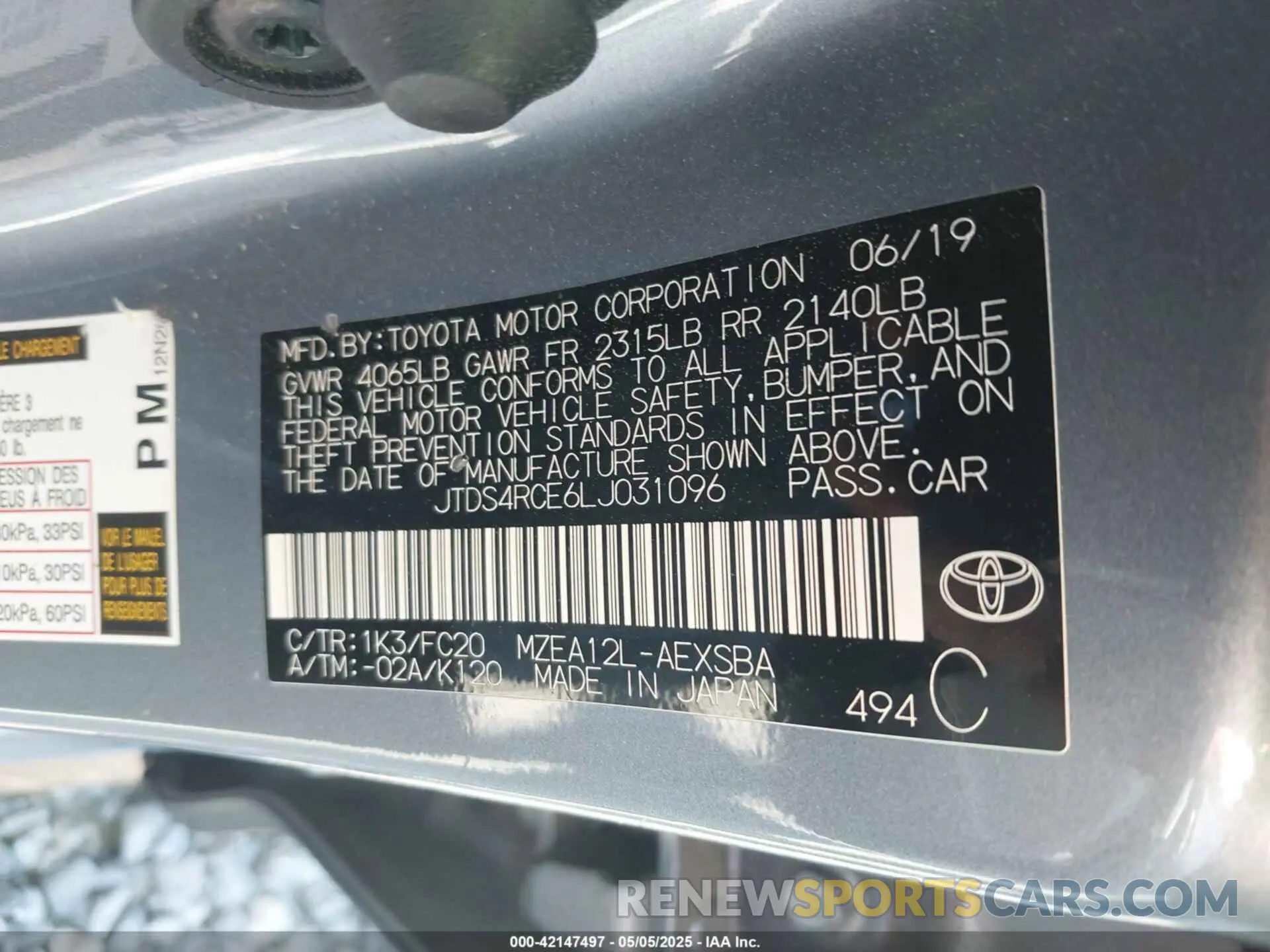 9 Photograph of a damaged car JTDS4RCE6LJ031096 TOYOTA COROLLA 2020