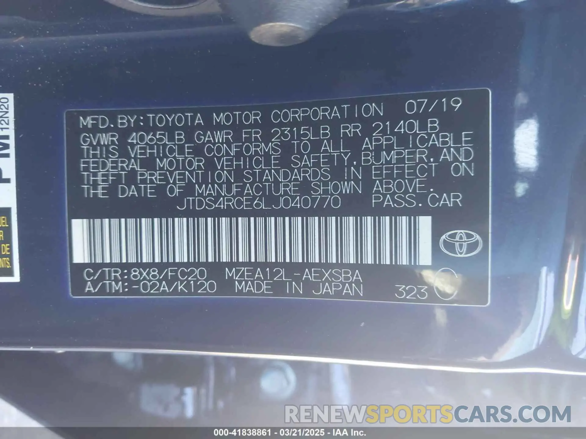 9 Photograph of a damaged car JTDS4RCE6LJ040770 TOYOTA COROLLA 2020