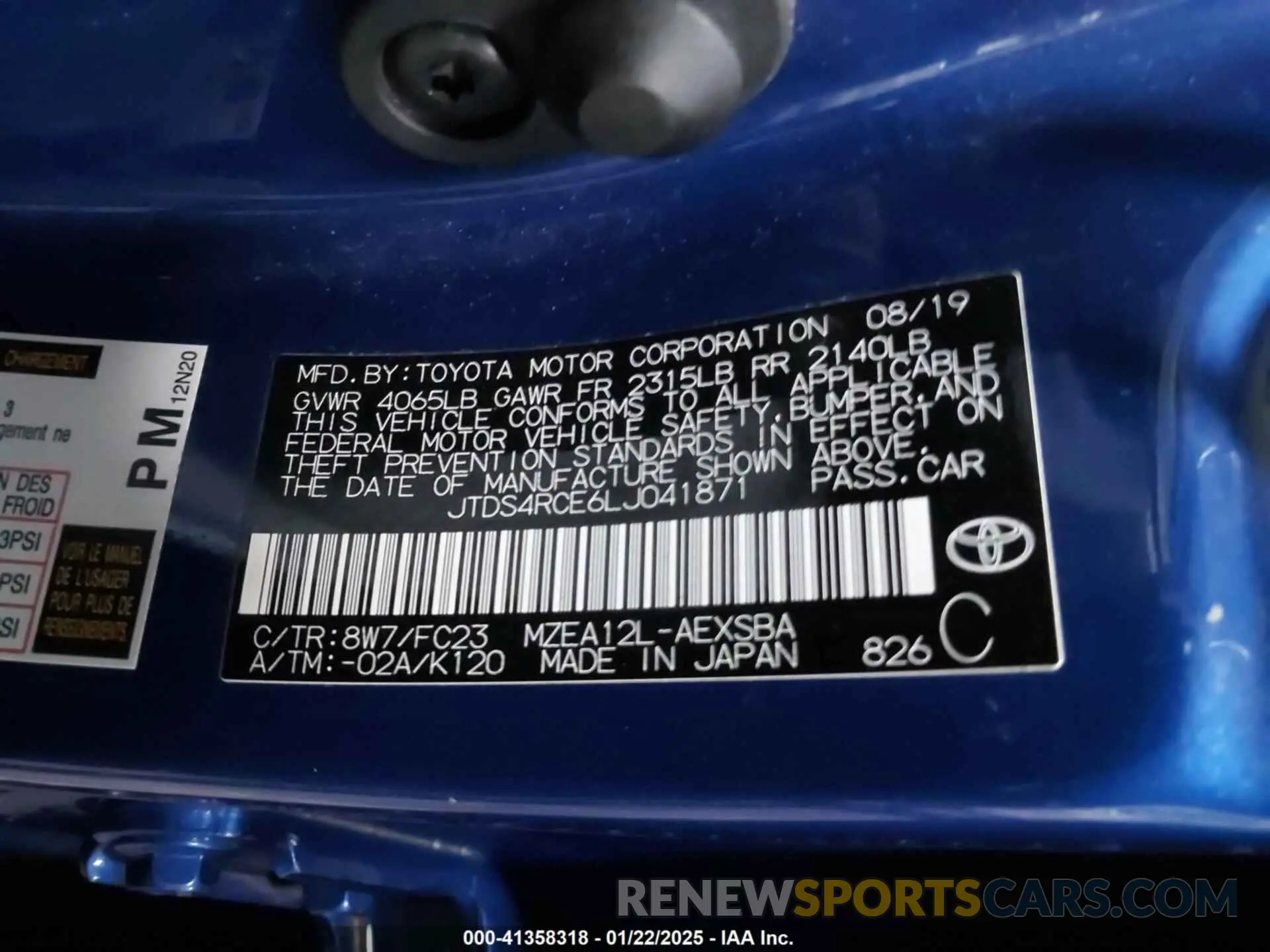 9 Photograph of a damaged car JTDS4RCE6LJ041871 TOYOTA COROLLA 2020