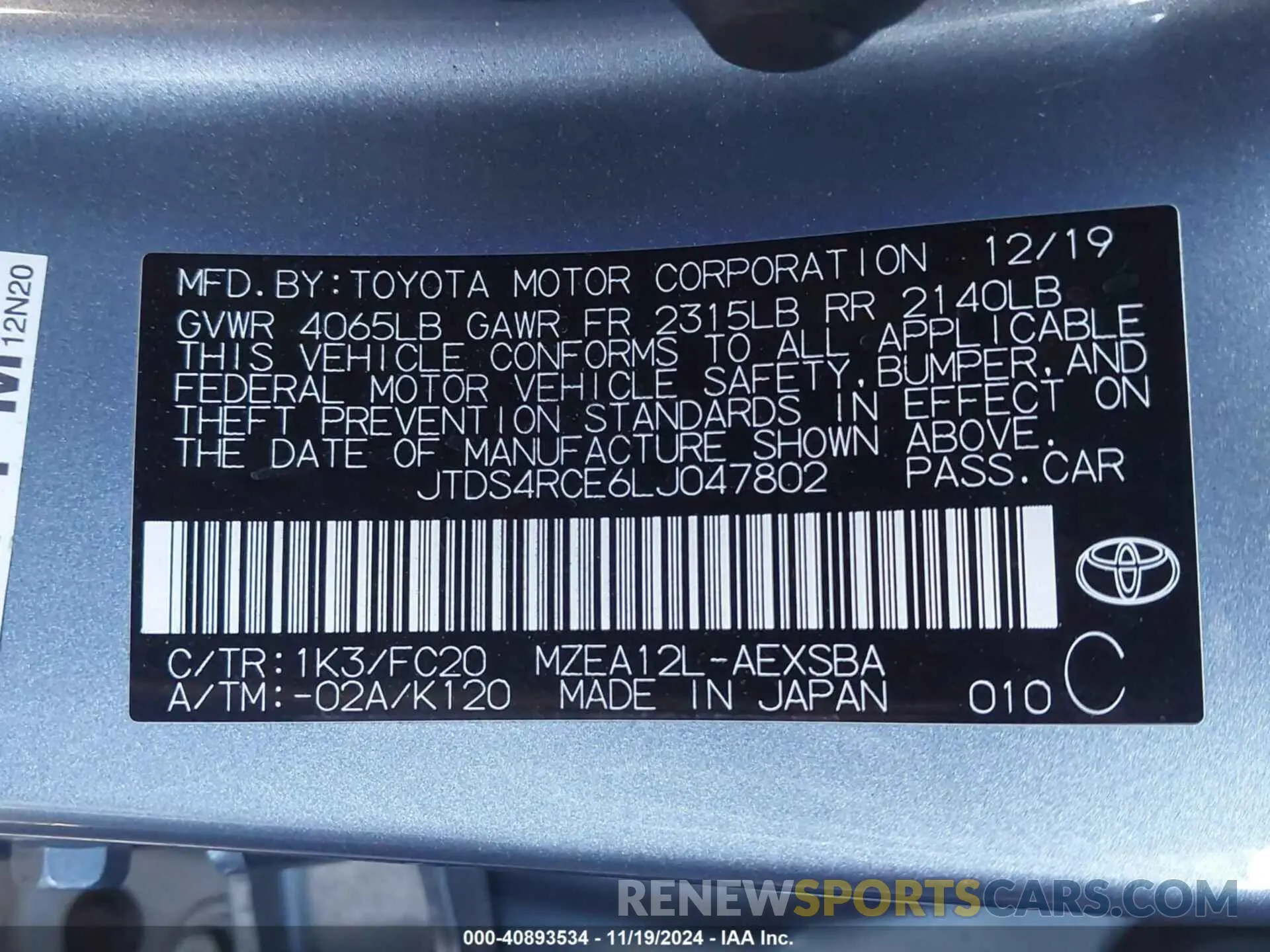 9 Photograph of a damaged car JTDS4RCE6LJ047802 TOYOTA COROLLA 2020