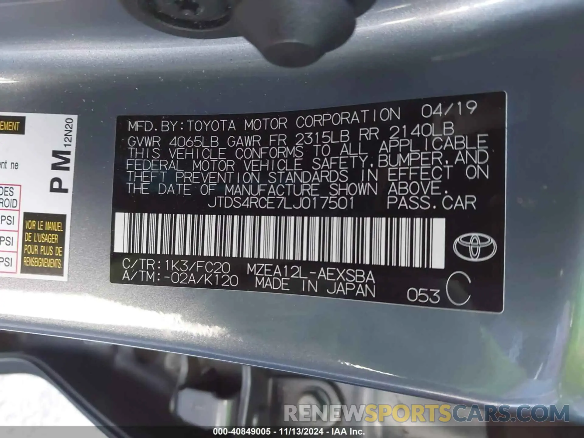 9 Photograph of a damaged car JTDS4RCE7LJ017501 TOYOTA COROLLA 2020