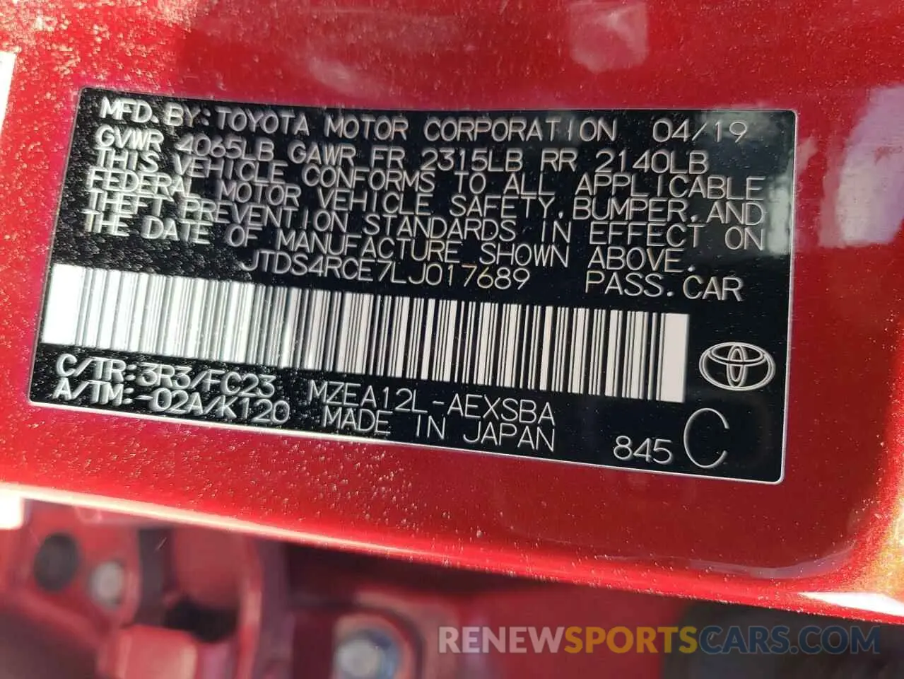 12 Photograph of a damaged car JTDS4RCE7LJ017689 TOYOTA COROLLA 2020
