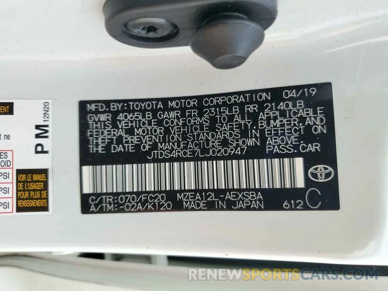 12 Photograph of a damaged car JTDS4RCE7LJ020947 TOYOTA COROLLA 2020
