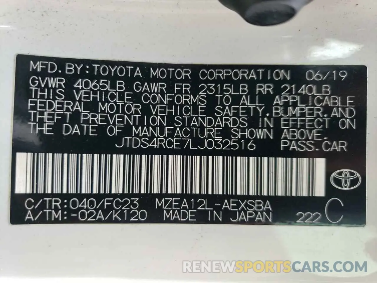 13 Photograph of a damaged car JTDS4RCE7LJ032516 TOYOTA COROLLA 2020