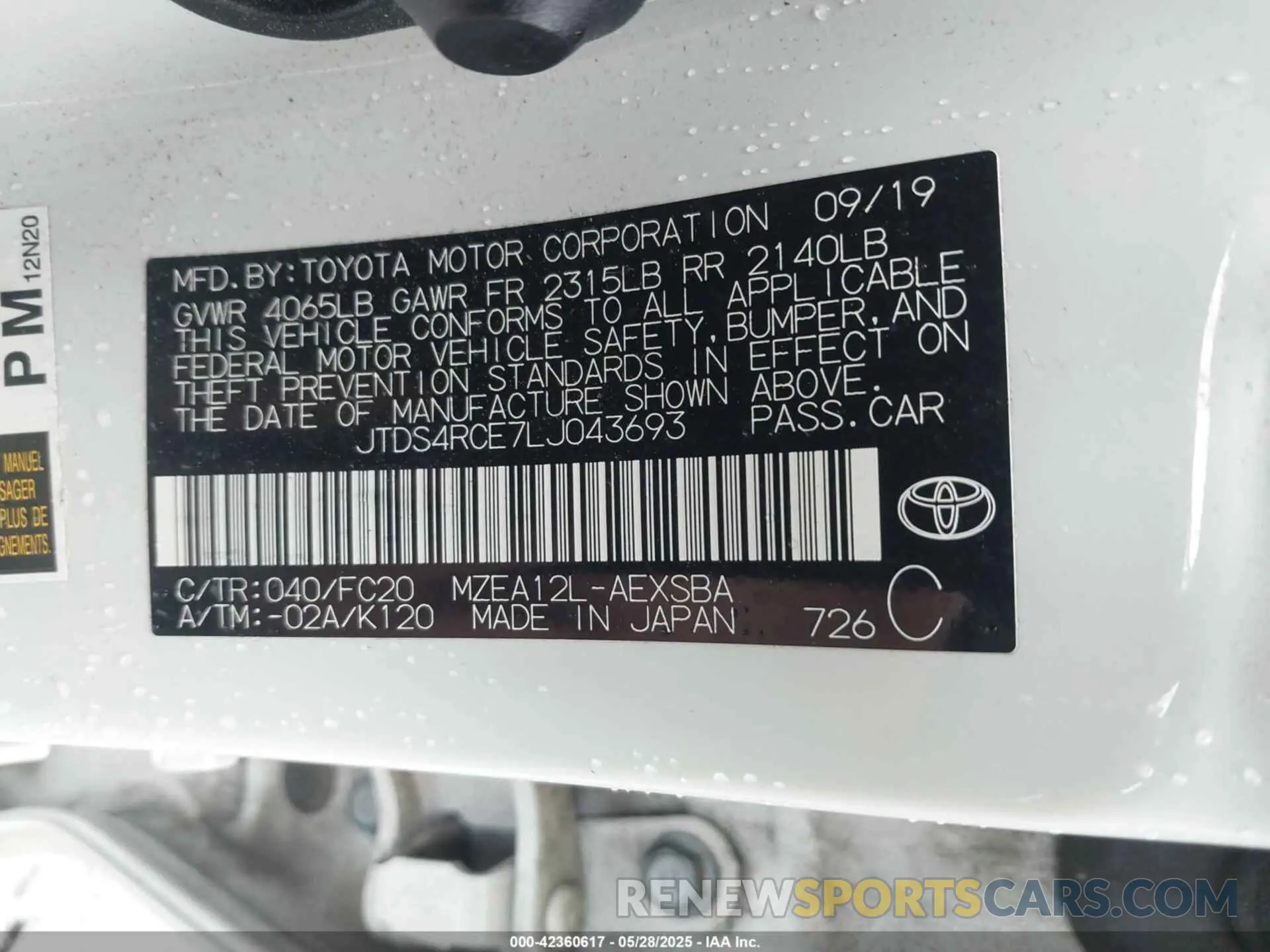 9 Photograph of a damaged car JTDS4RCE7LJ043693 TOYOTA COROLLA 2020