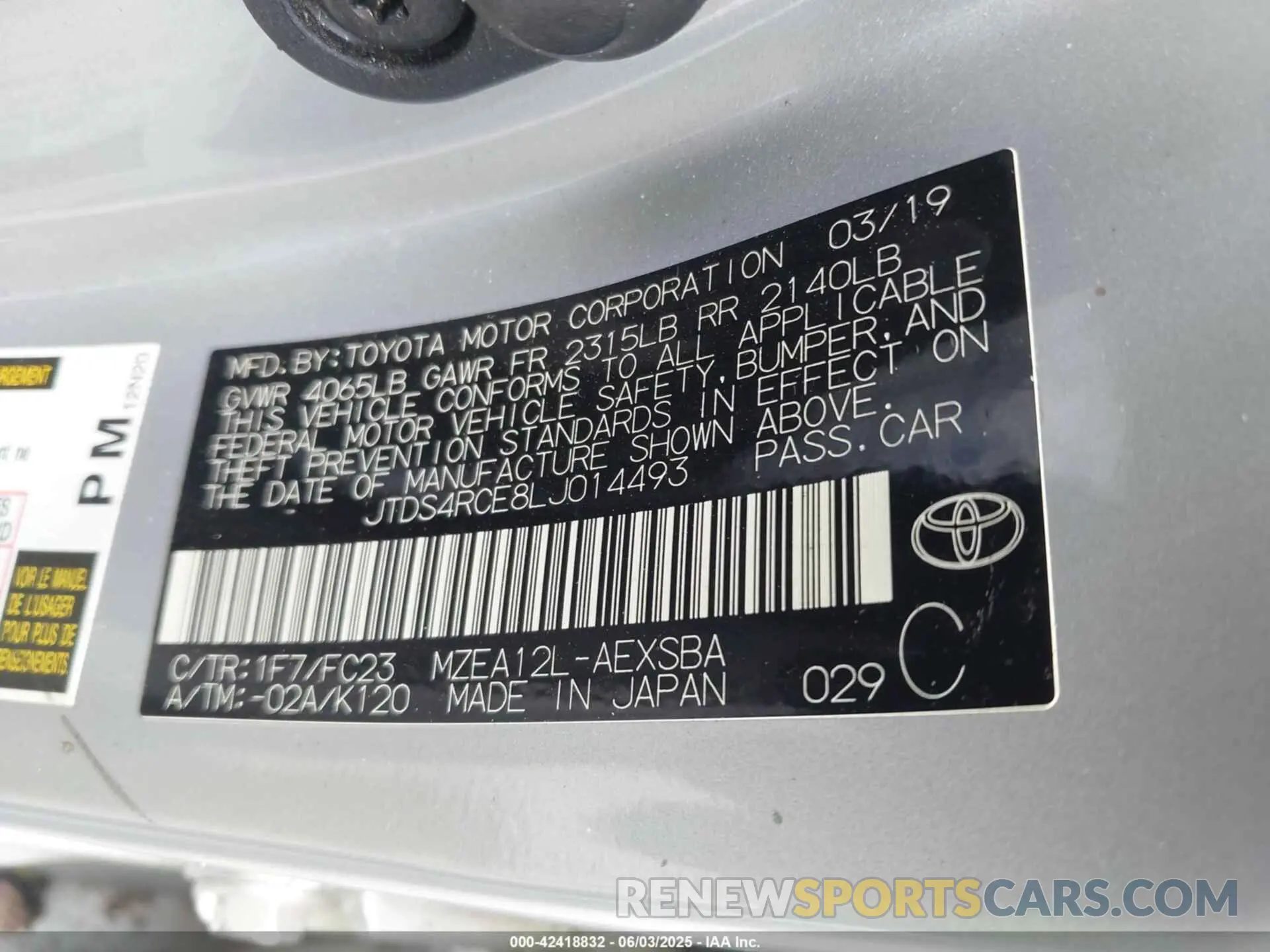 9 Photograph of a damaged car JTDS4RCE8LJ014493 TOYOTA COROLLA 2020