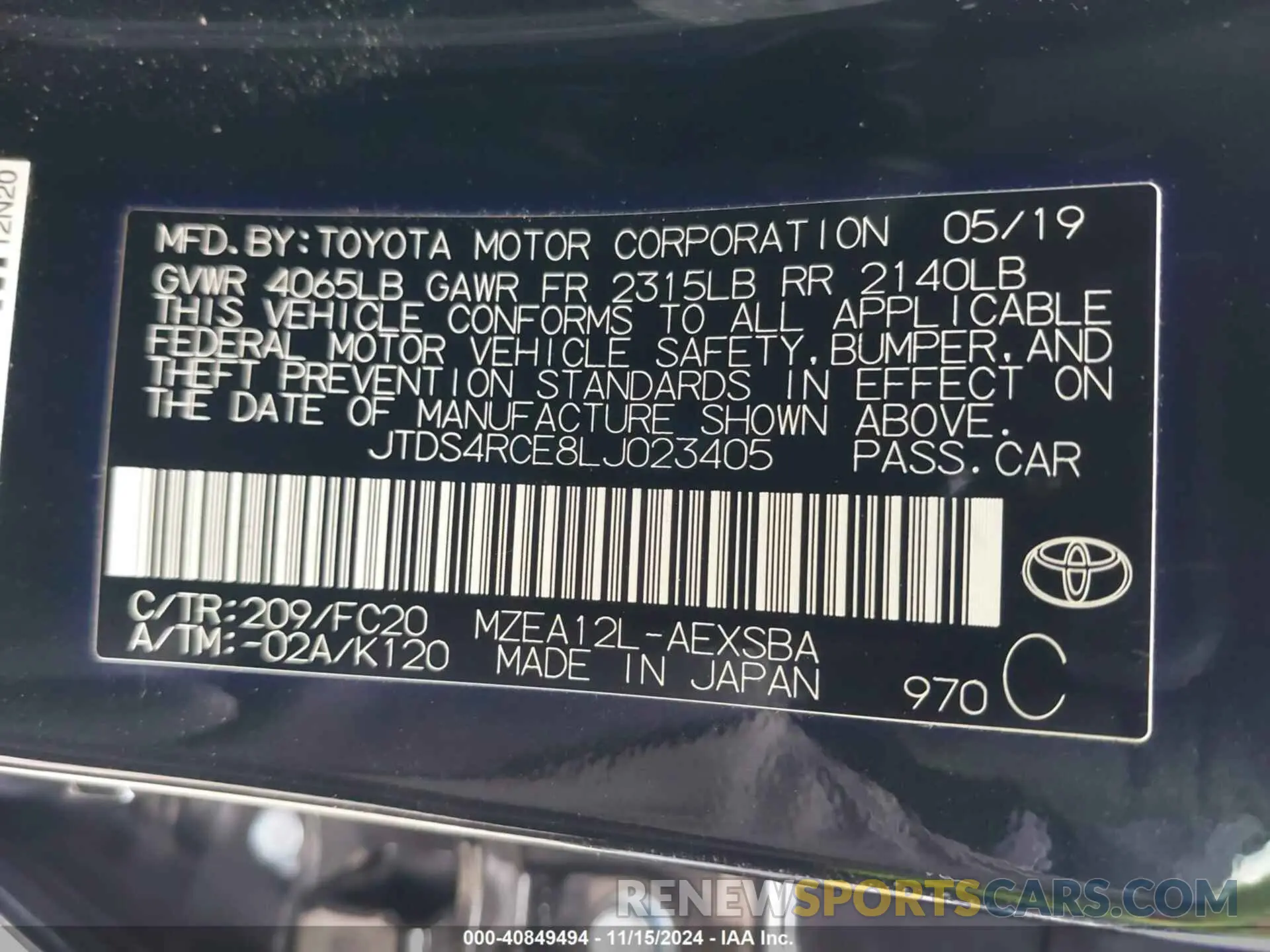 9 Photograph of a damaged car JTDS4RCE8LJ023405 TOYOTA COROLLA 2020