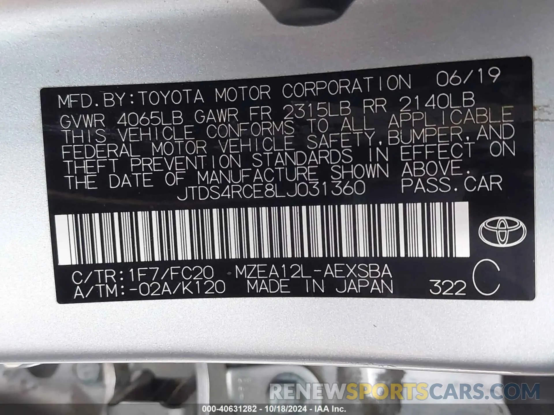 9 Photograph of a damaged car JTDS4RCE8LJ031360 TOYOTA COROLLA 2020