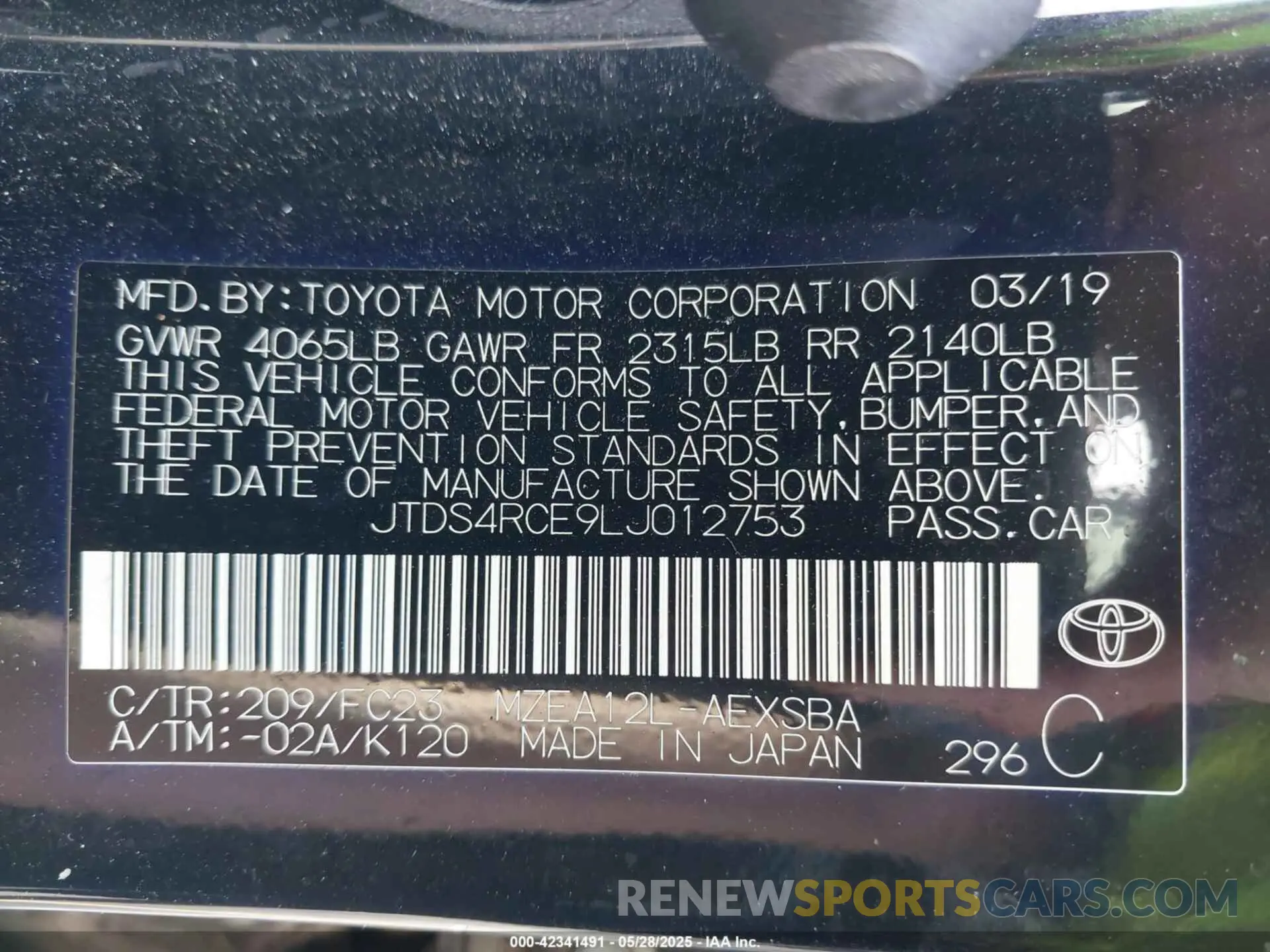 9 Photograph of a damaged car JTDS4RCE9LJ012753 TOYOTA COROLLA 2020