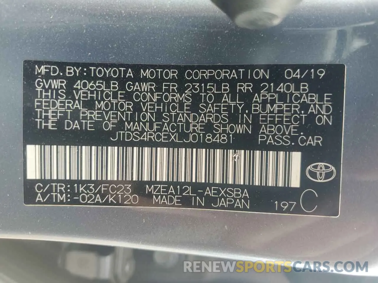 12 Photograph of a damaged car JTDS4RCEXLJ018481 TOYOTA COROLLA 2020