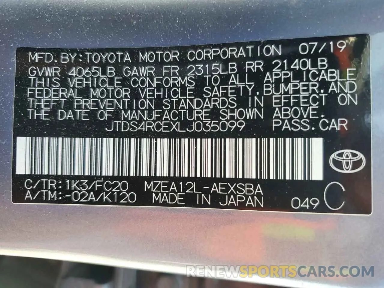12 Photograph of a damaged car JTDS4RCEXLJ035099 TOYOTA COROLLA 2020