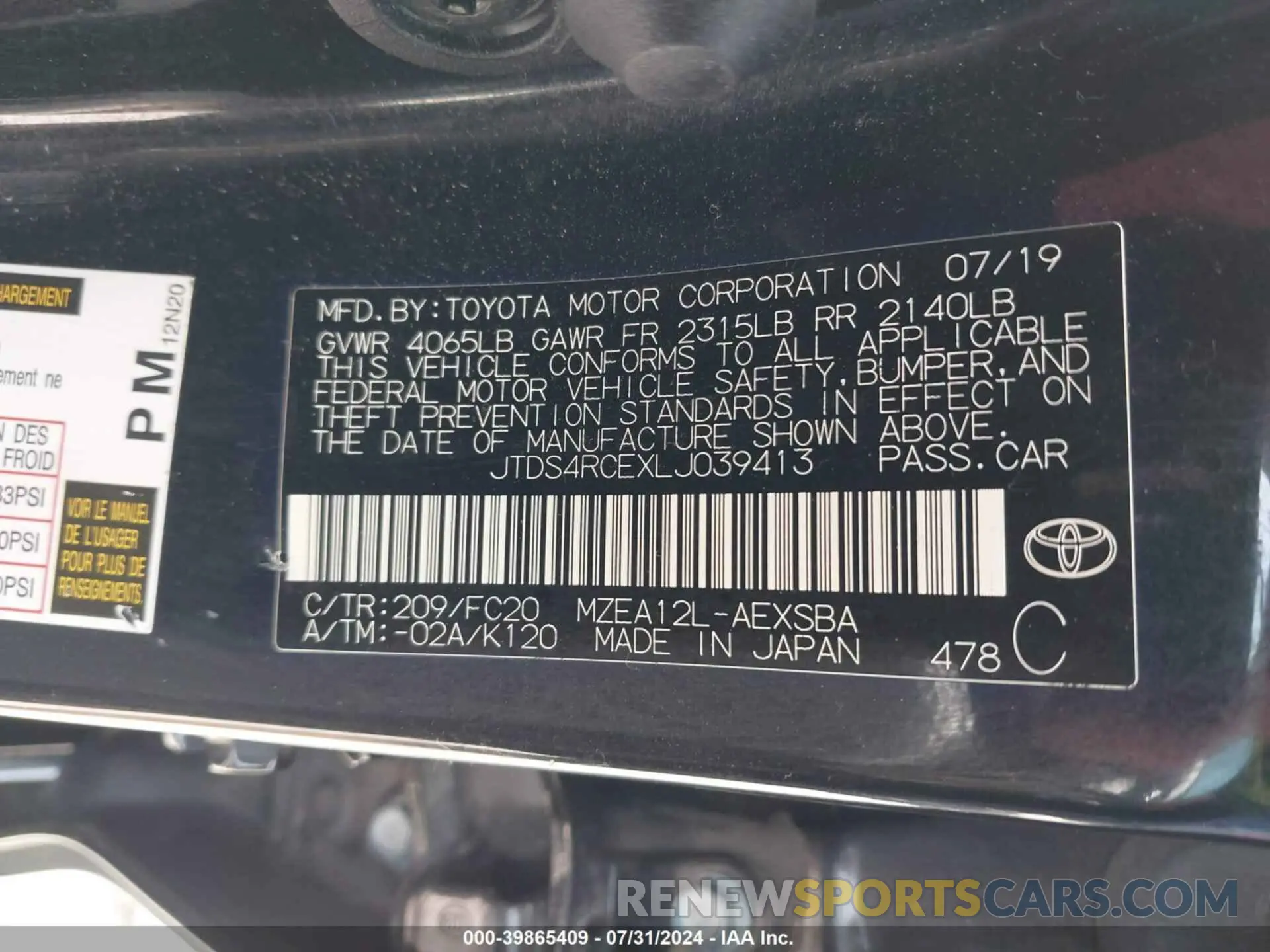 9 Photograph of a damaged car JTDS4RCEXLJ039413 TOYOTA COROLLA 2020