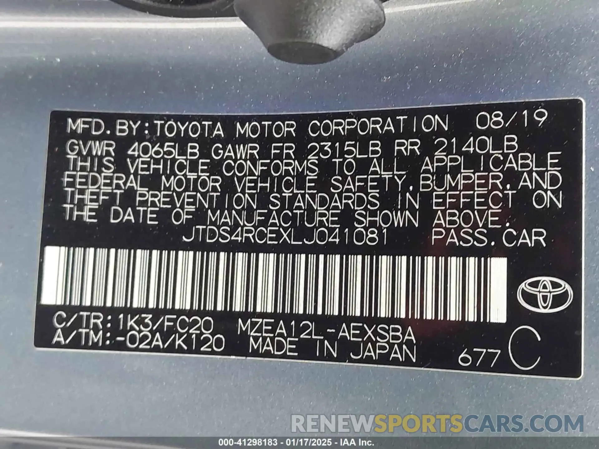 9 Photograph of a damaged car JTDS4RCEXLJ041081 TOYOTA COROLLA 2020