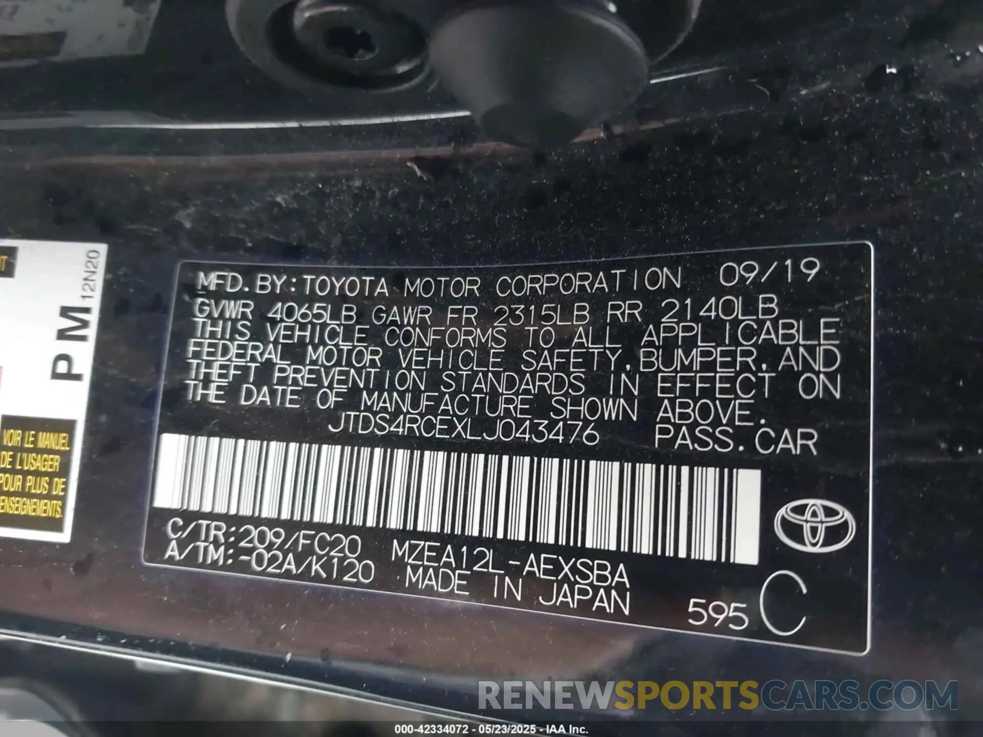 9 Photograph of a damaged car JTDS4RCEXLJ043476 TOYOTA COROLLA 2020