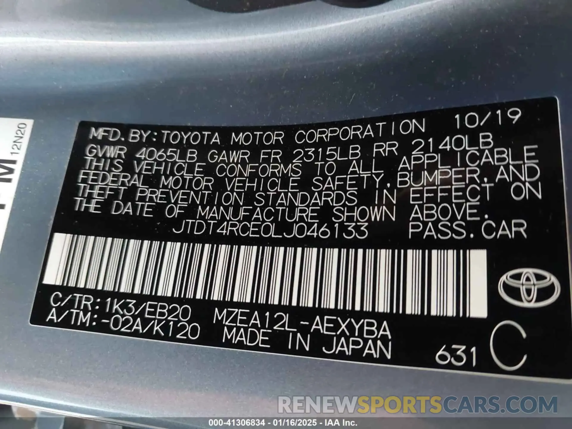 9 Photograph of a damaged car JTDT4RCE0LJ046133 TOYOTA COROLLA 2020