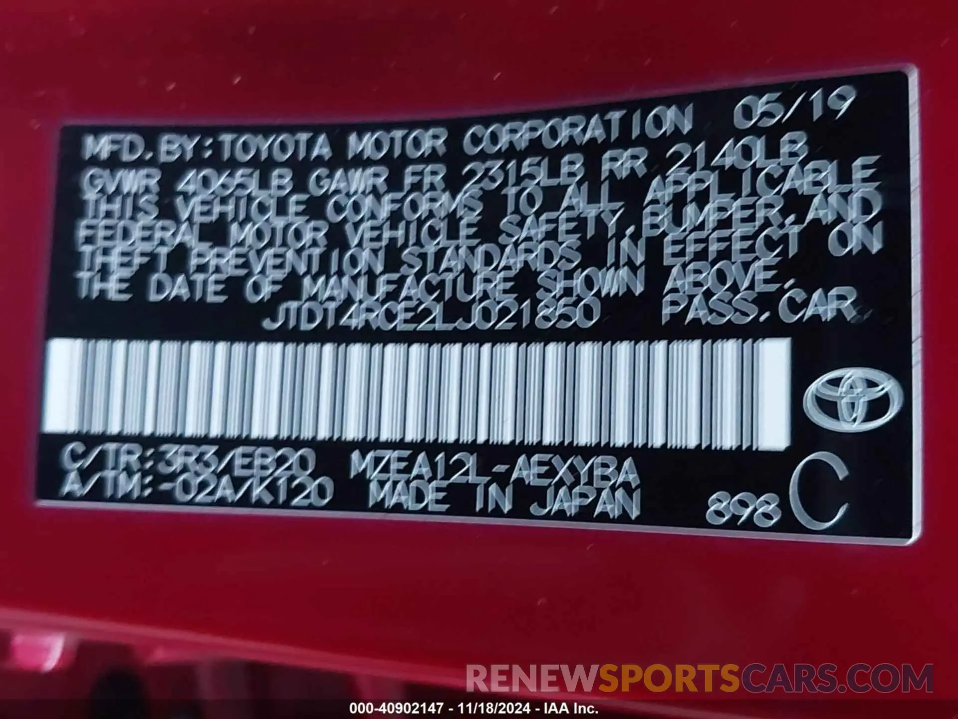 9 Photograph of a damaged car JTDT4RCE2LJ021850 TOYOTA COROLLA 2020