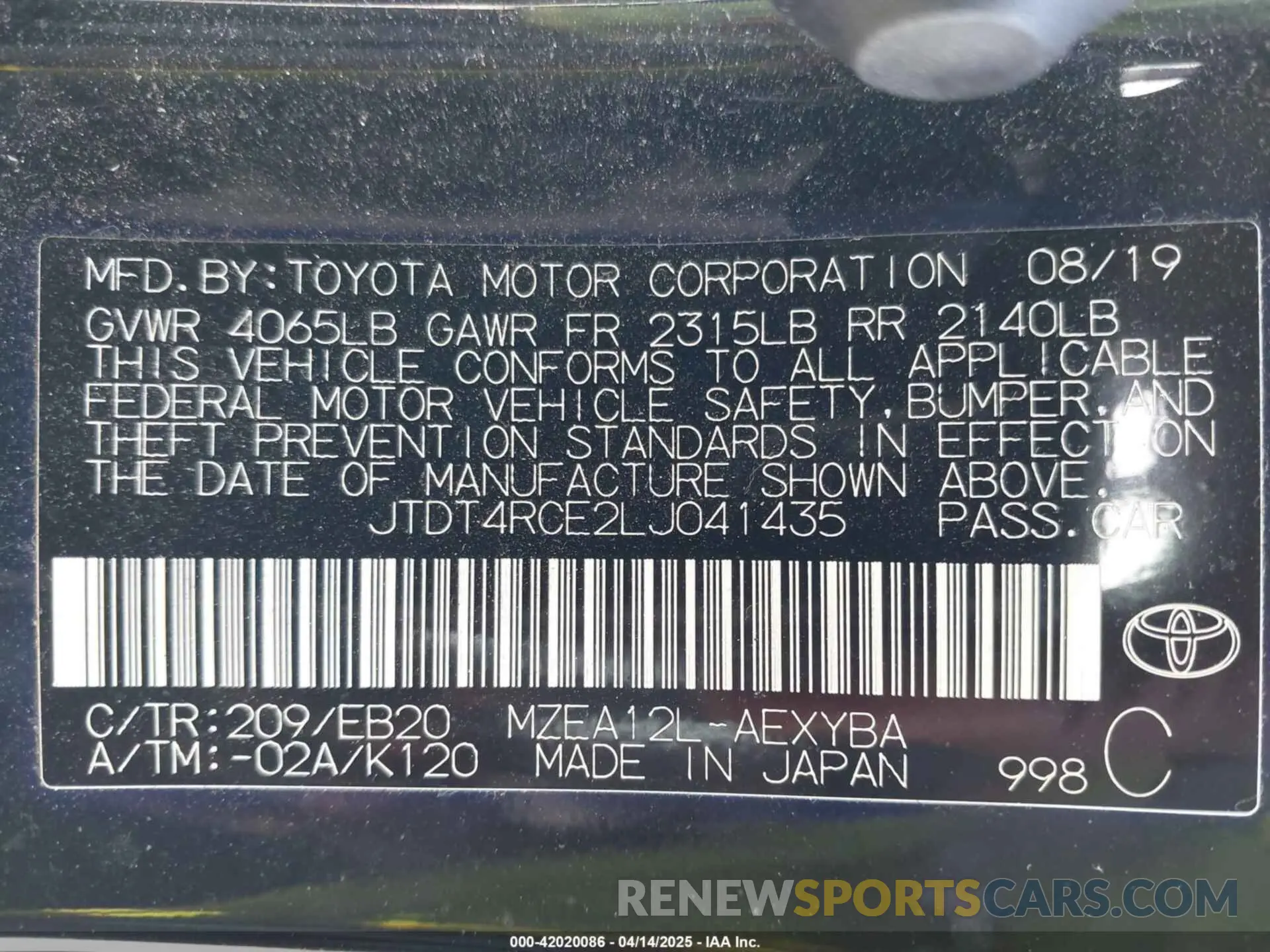 9 Photograph of a damaged car JTDT4RCE2LJ041435 TOYOTA COROLLA 2020
