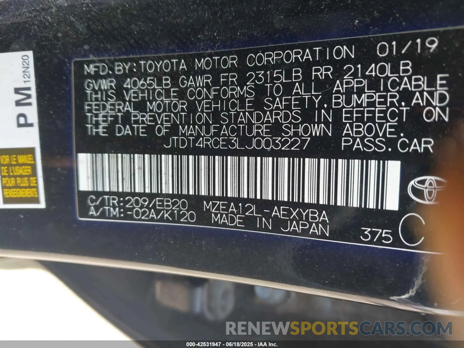 9 Photograph of a damaged car JTDT4RCE3LJ003227 TOYOTA COROLLA 2020