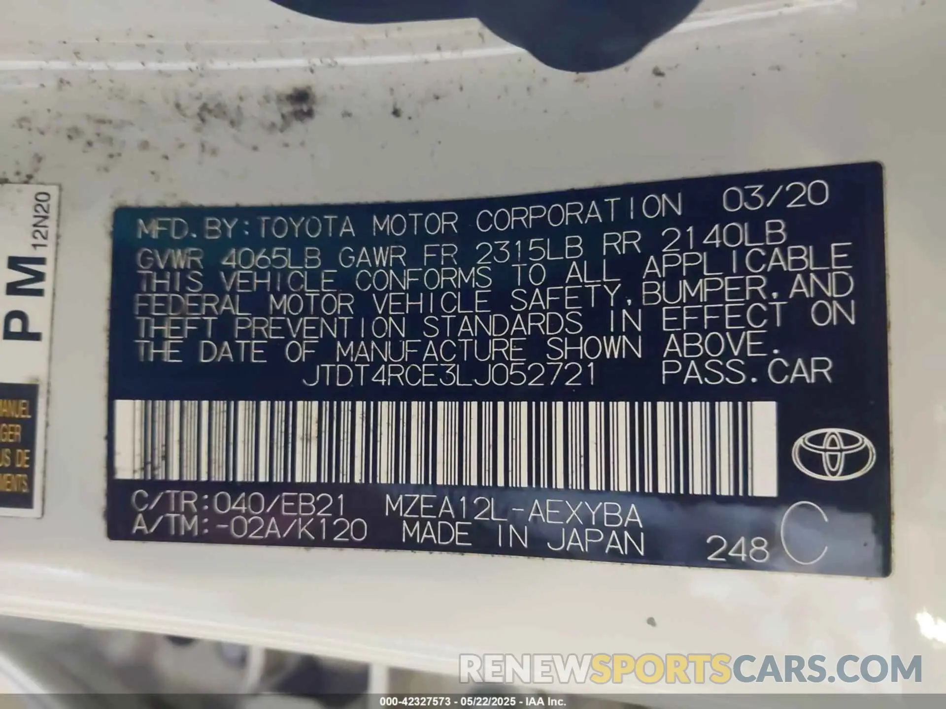 9 Photograph of a damaged car JTDT4RCE3LJ052721 TOYOTA COROLLA 2020