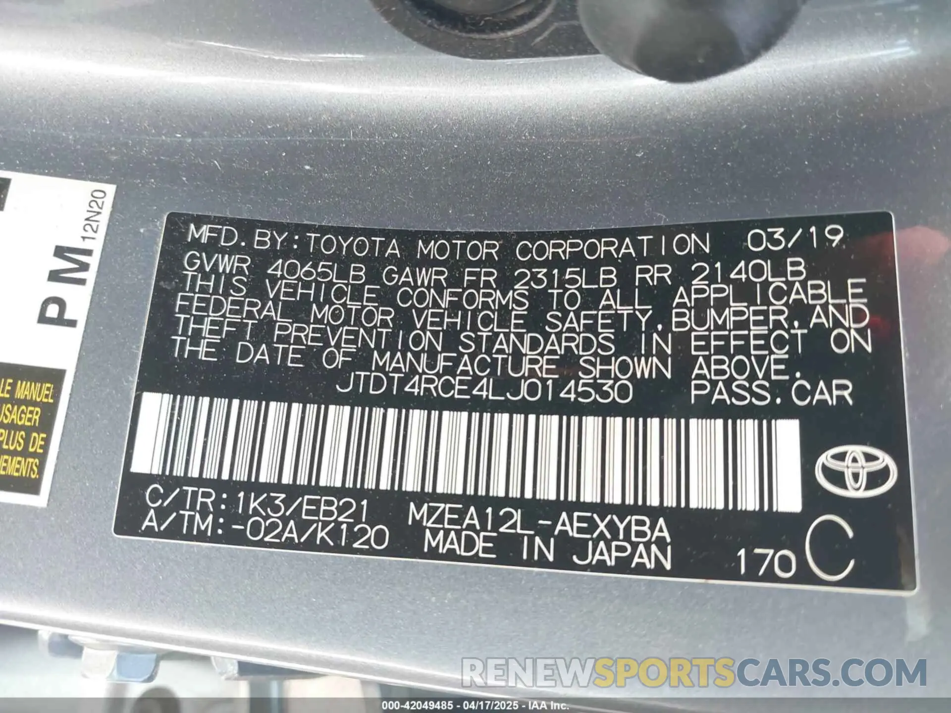 9 Photograph of a damaged car JTDT4RCE4LJ014530 TOYOTA COROLLA 2020