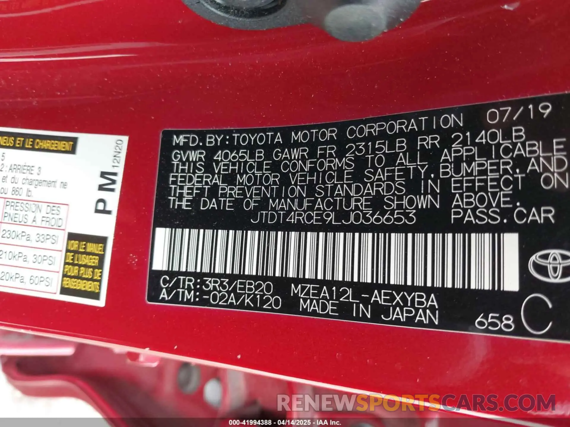 9 Photograph of a damaged car JTDT4RCE9LJ036653 TOYOTA COROLLA 2020