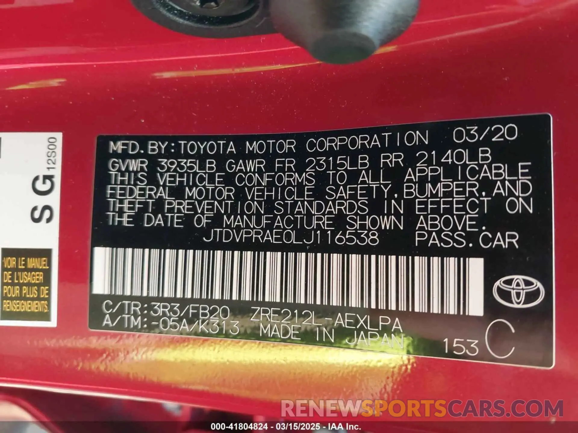 9 Photograph of a damaged car JTDVPRAE0LJ116538 TOYOTA COROLLA 2020