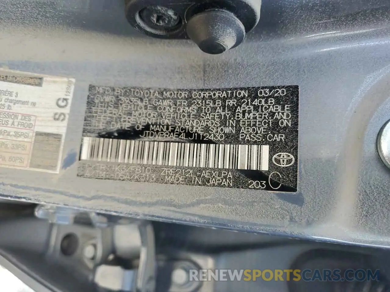 14 Photograph of a damaged car JTDVPRAE4LJ112430 TOYOTA COROLLA 2020