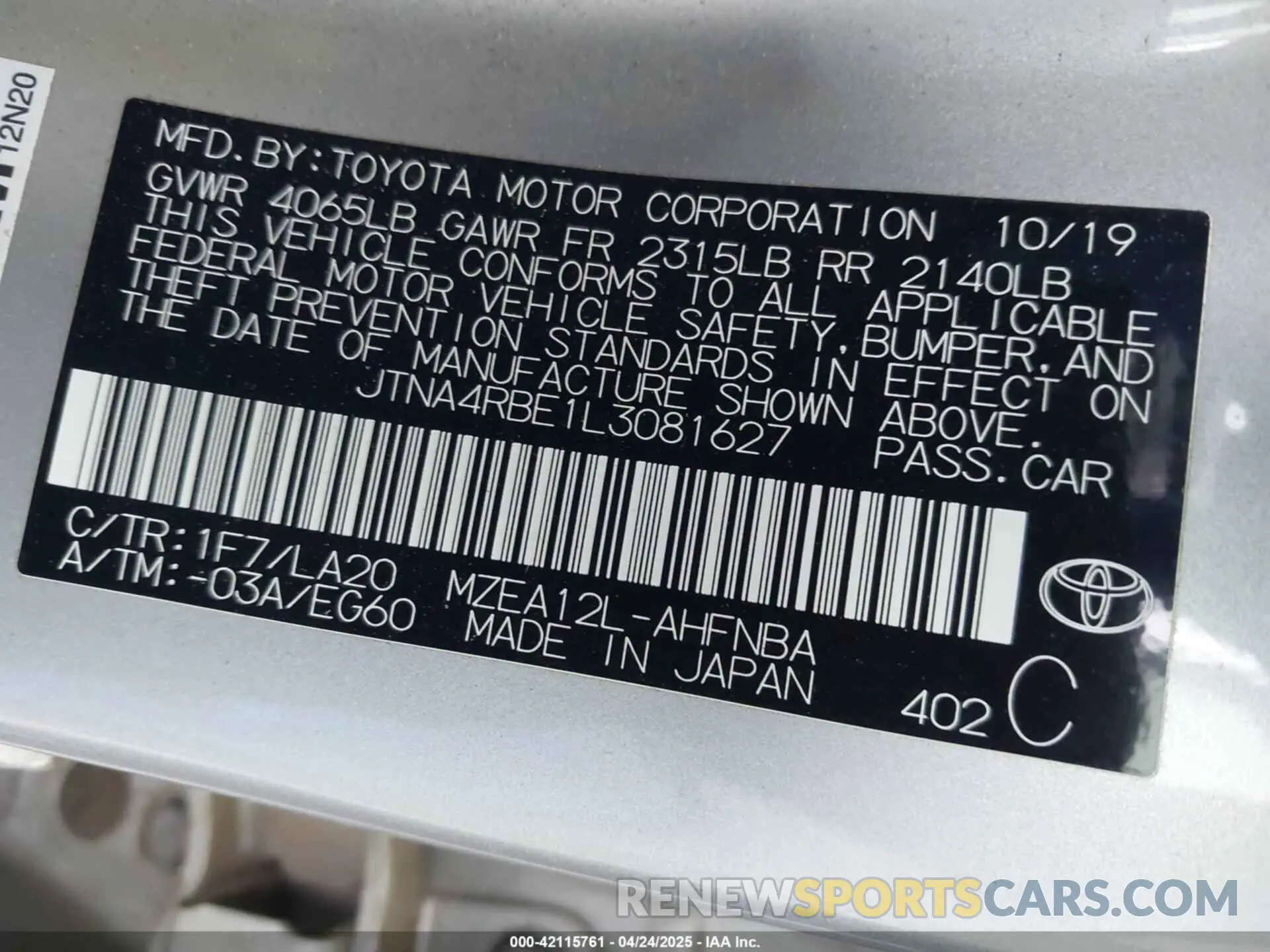 9 Photograph of a damaged car JTNA4RBE1L3081627 TOYOTA COROLLA 2020