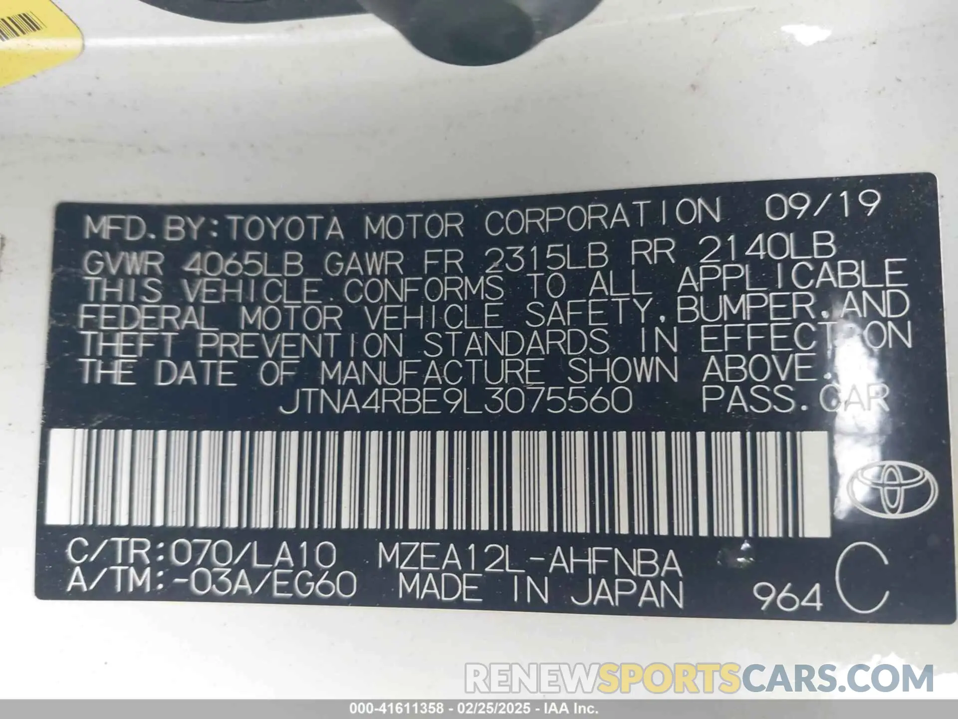 9 Photograph of a damaged car JTNA4RBE9L3075560 TOYOTA COROLLA 2020