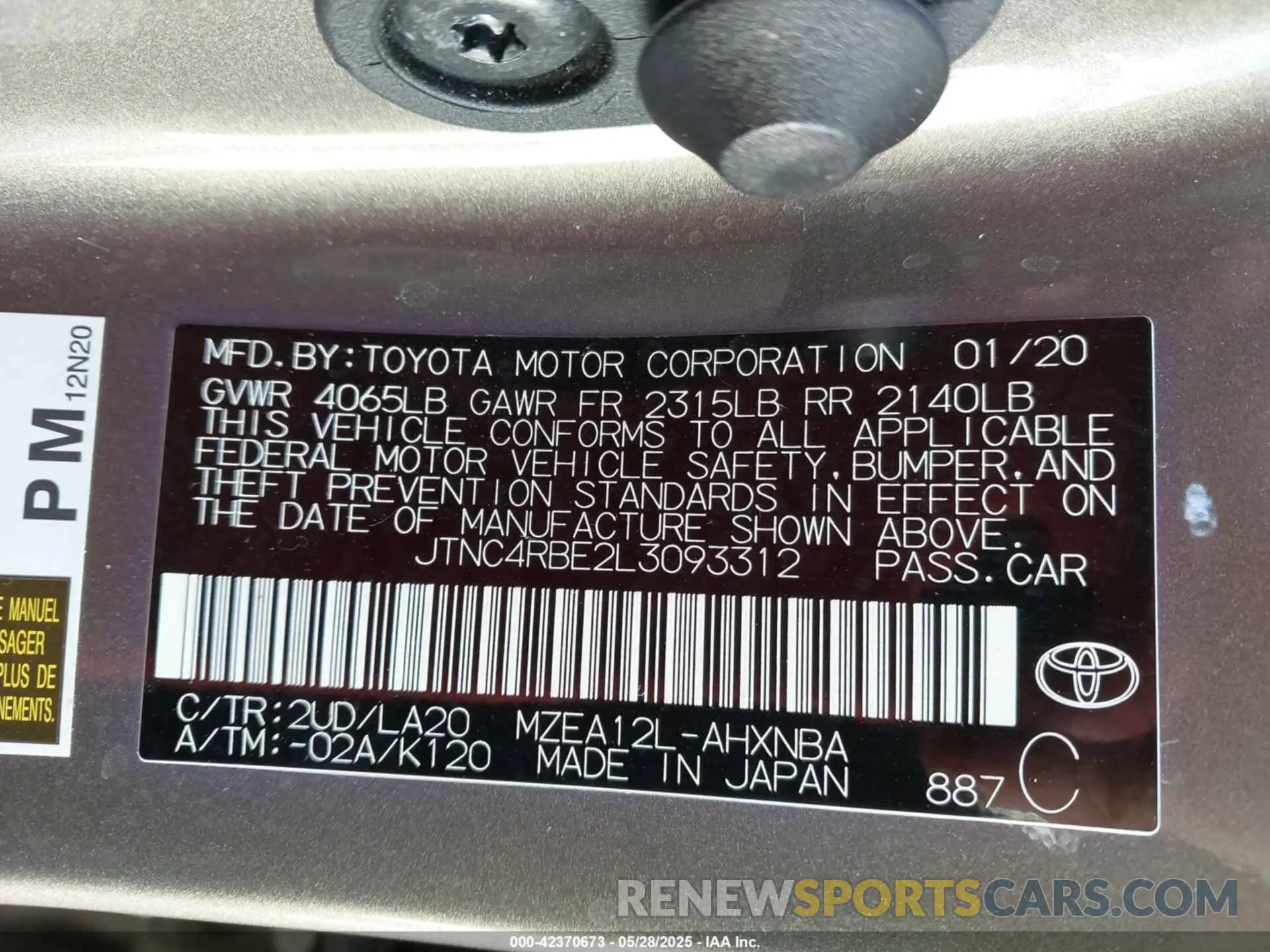9 Photograph of a damaged car JTNC4RBE2L3093312 TOYOTA COROLLA 2020