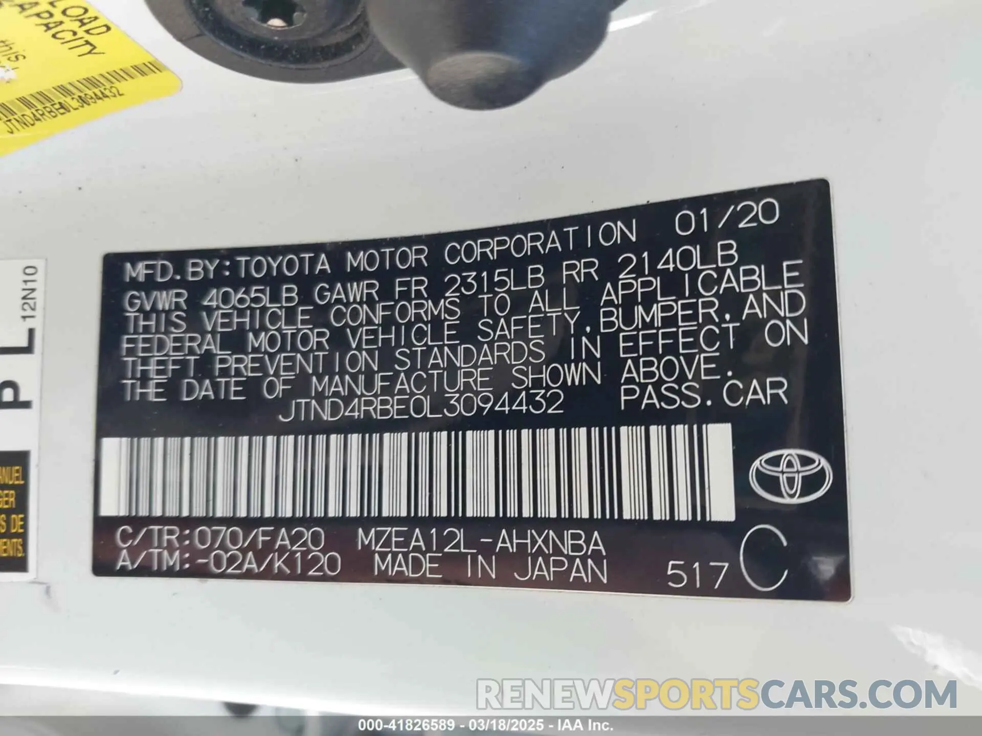 9 Photograph of a damaged car JTND4RBE0L3094432 TOYOTA COROLLA 2020