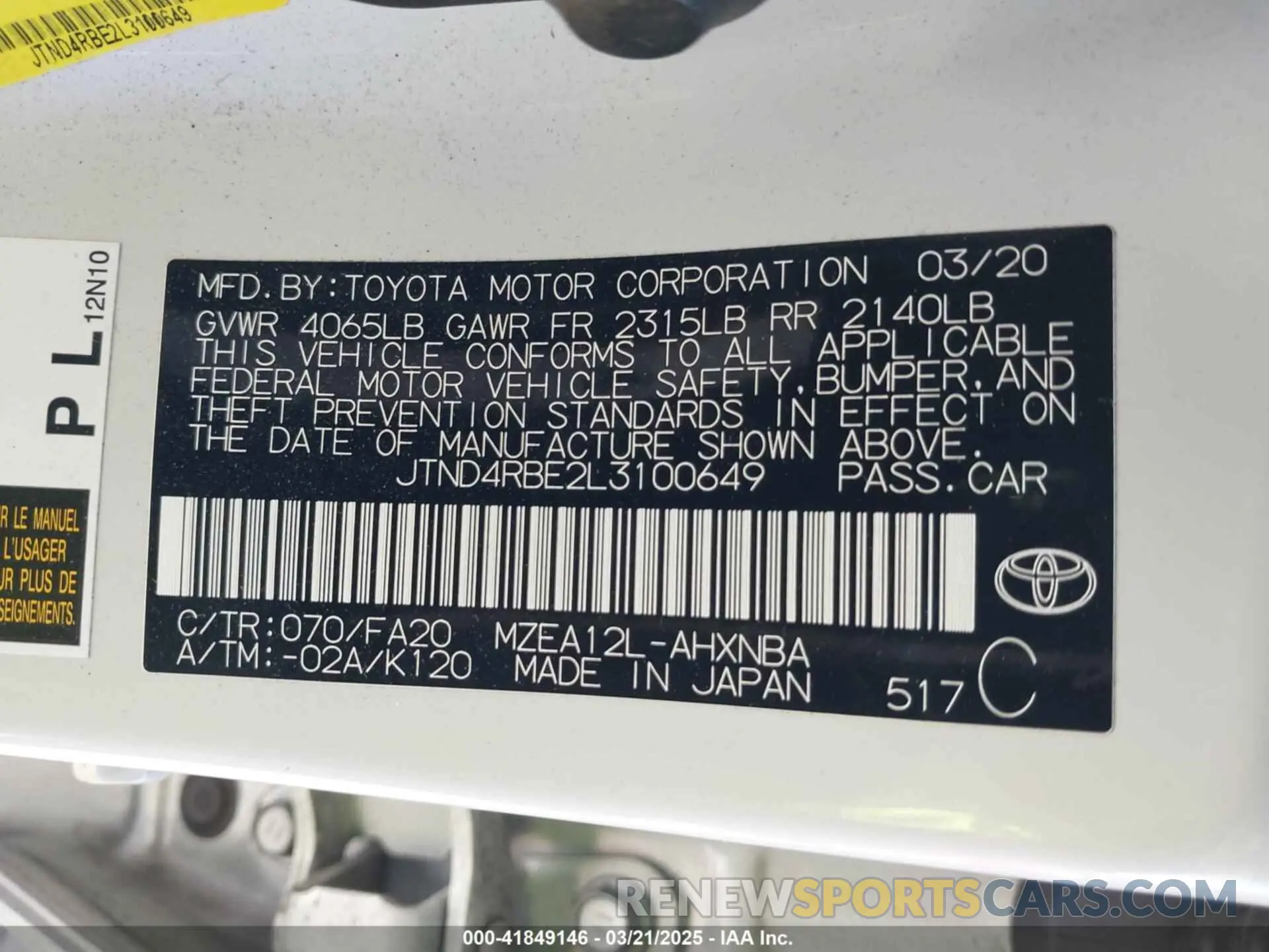 9 Photograph of a damaged car JTND4RBE2L3100649 TOYOTA COROLLA 2020