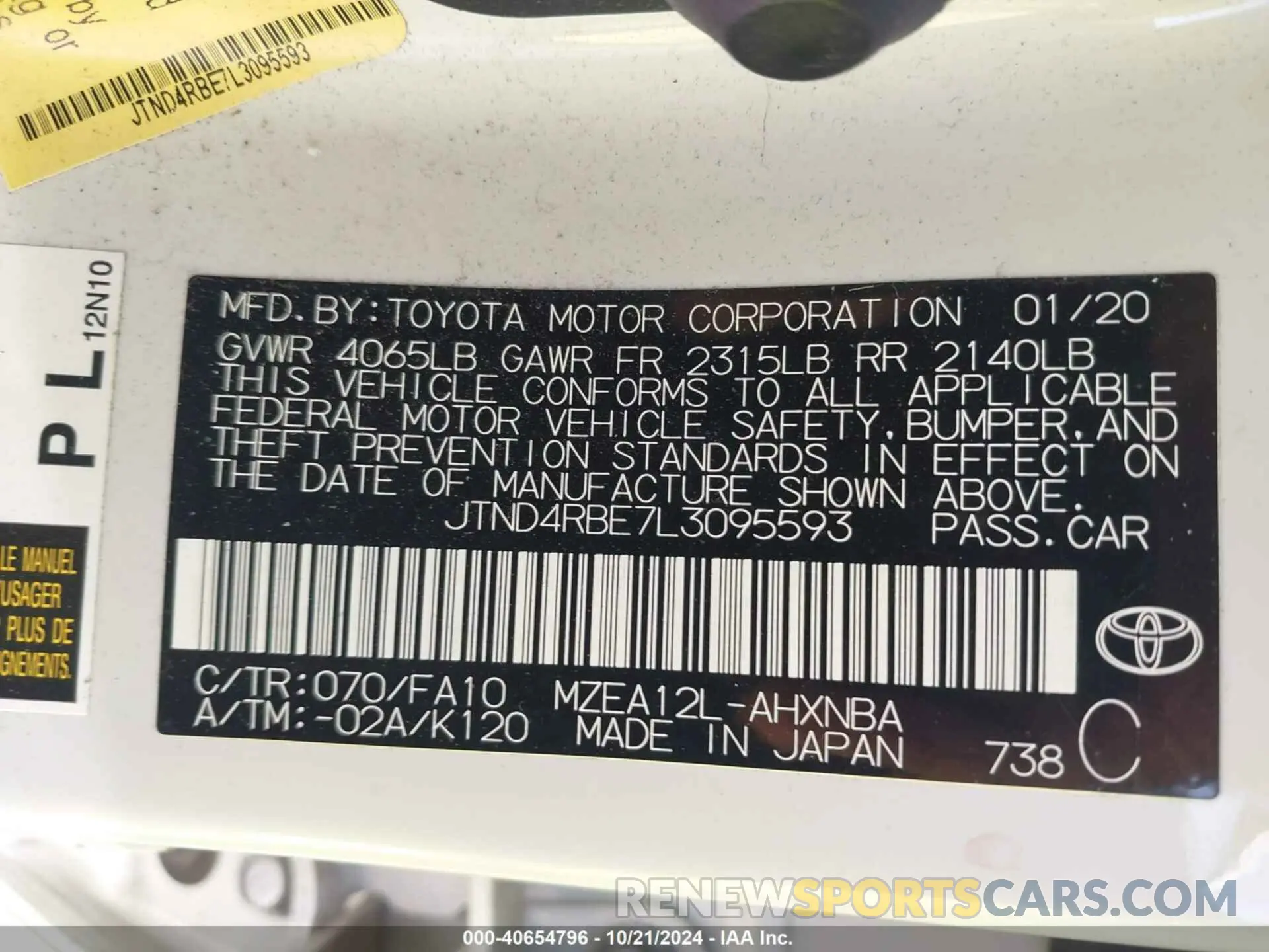 9 Photograph of a damaged car JTND4RBE7L3095593 TOYOTA COROLLA 2020