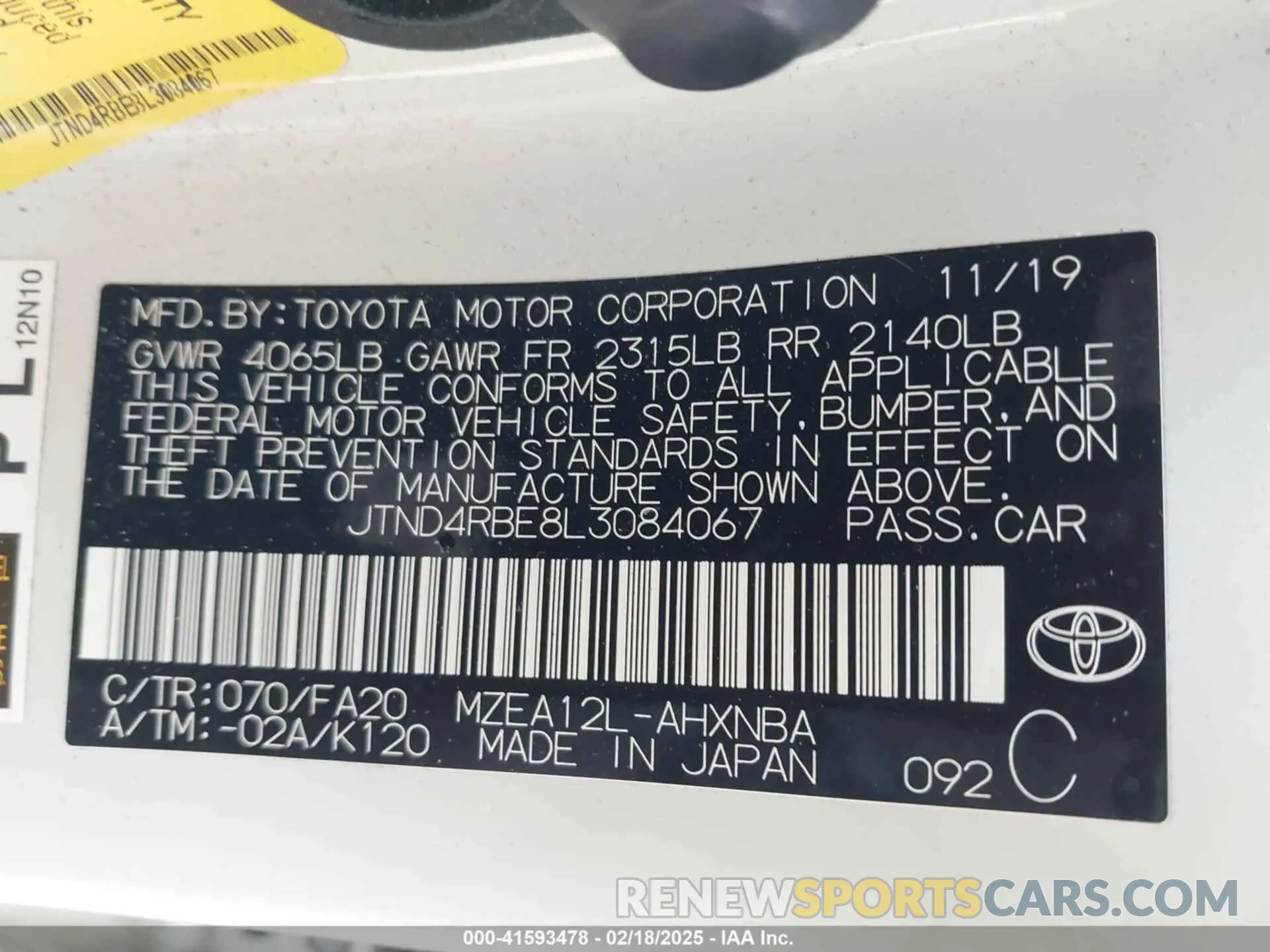 9 Photograph of a damaged car JTND4RBE8L3084067 TOYOTA COROLLA 2020