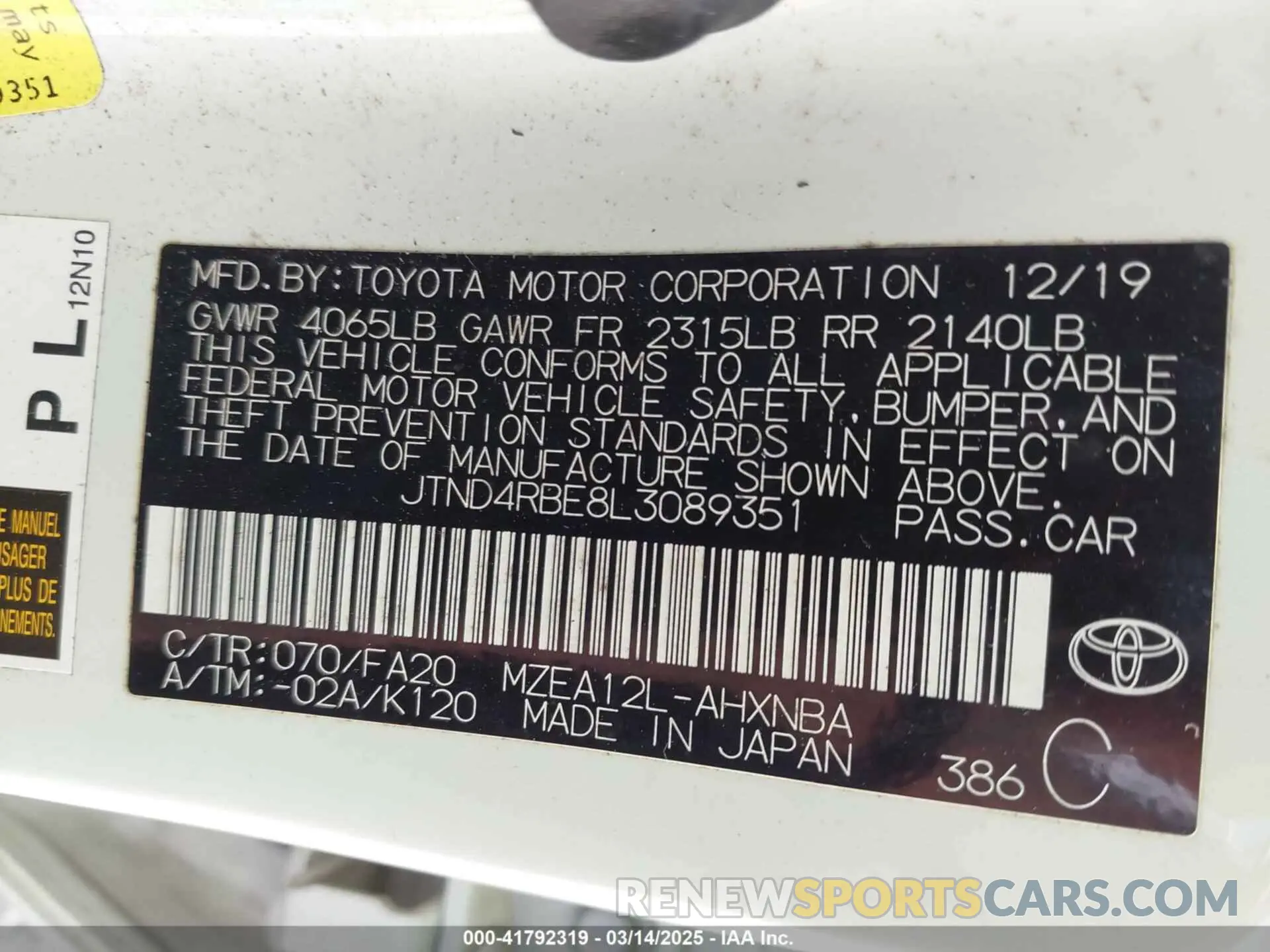 9 Photograph of a damaged car JTND4RBE8L3089351 TOYOTA COROLLA 2020