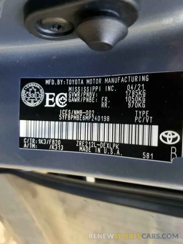 13 Photograph of a damaged car 5YFBPMBE6MP240198 TOYOTA COROLLA 2021