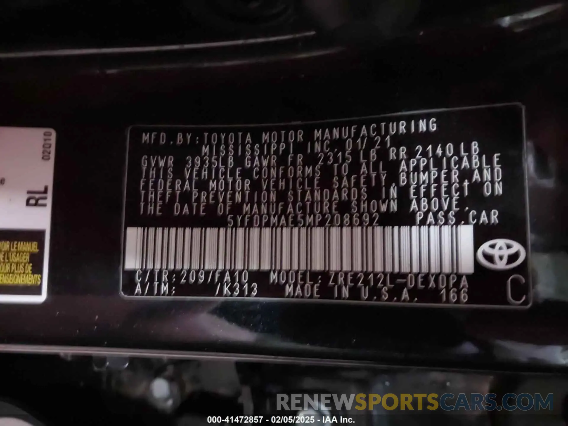 9 Photograph of a damaged car 5YFDPMAE5MP208692 TOYOTA COROLLA 2021