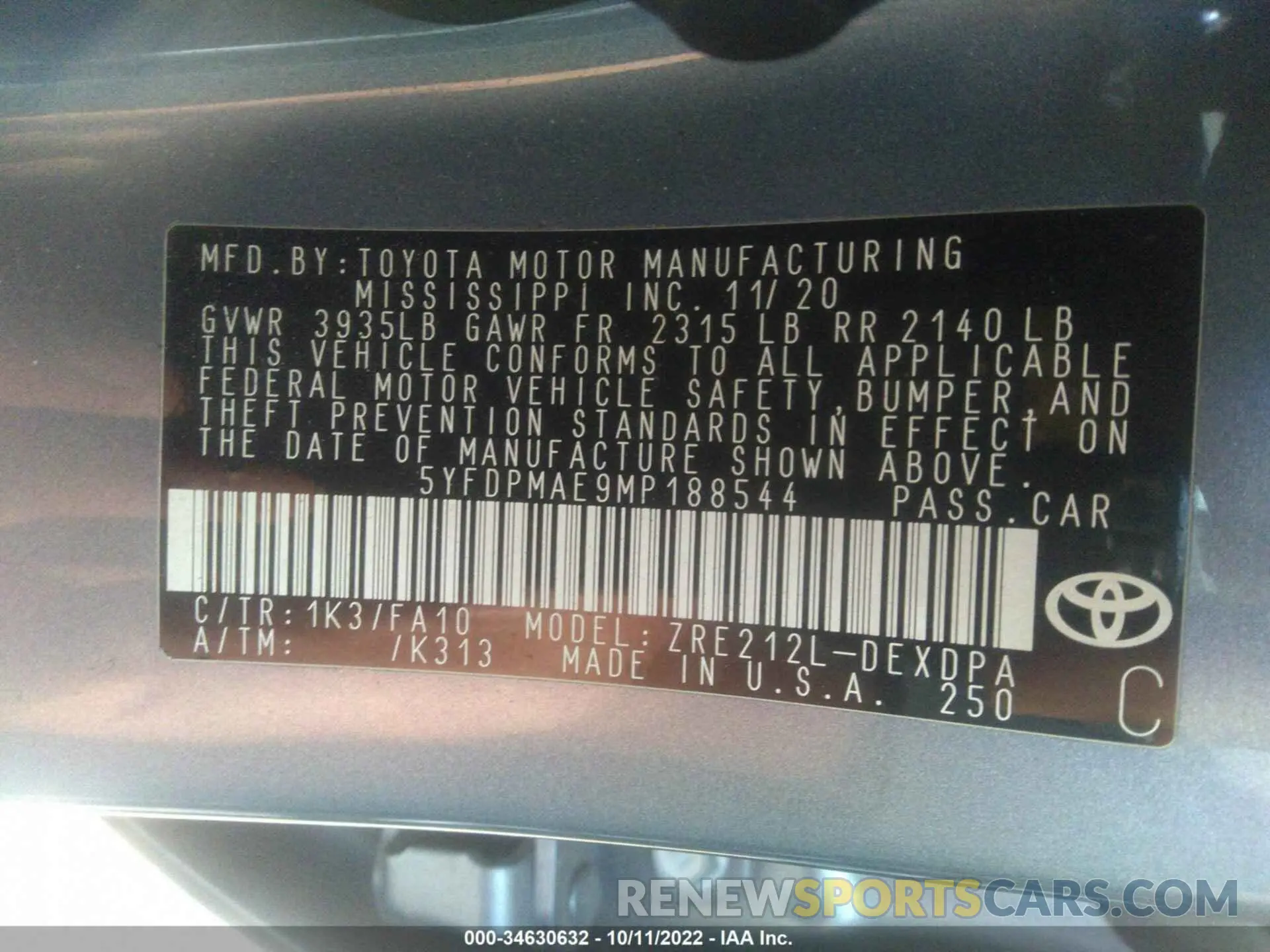 9 Photograph of a damaged car 5YFDPMAE9MP188544 TOYOTA COROLLA 2021