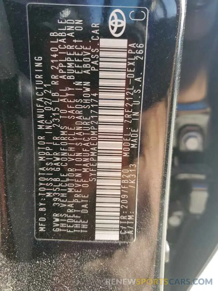 13 Photograph of a damaged car 5YFEPMAE0MP217174 TOYOTA COROLLA 2021