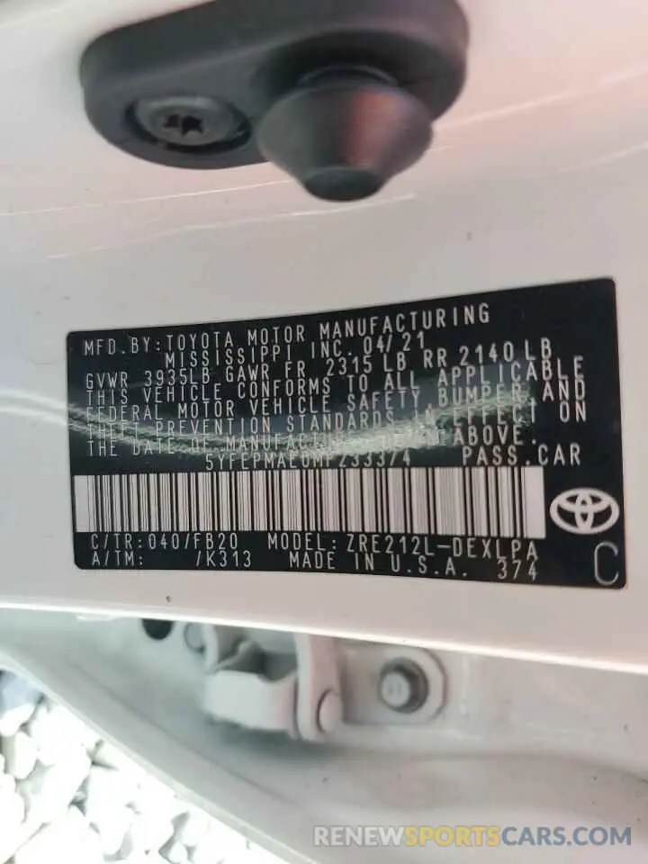 12 Photograph of a damaged car 5YFEPMAE0MP233374 TOYOTA COROLLA 2021