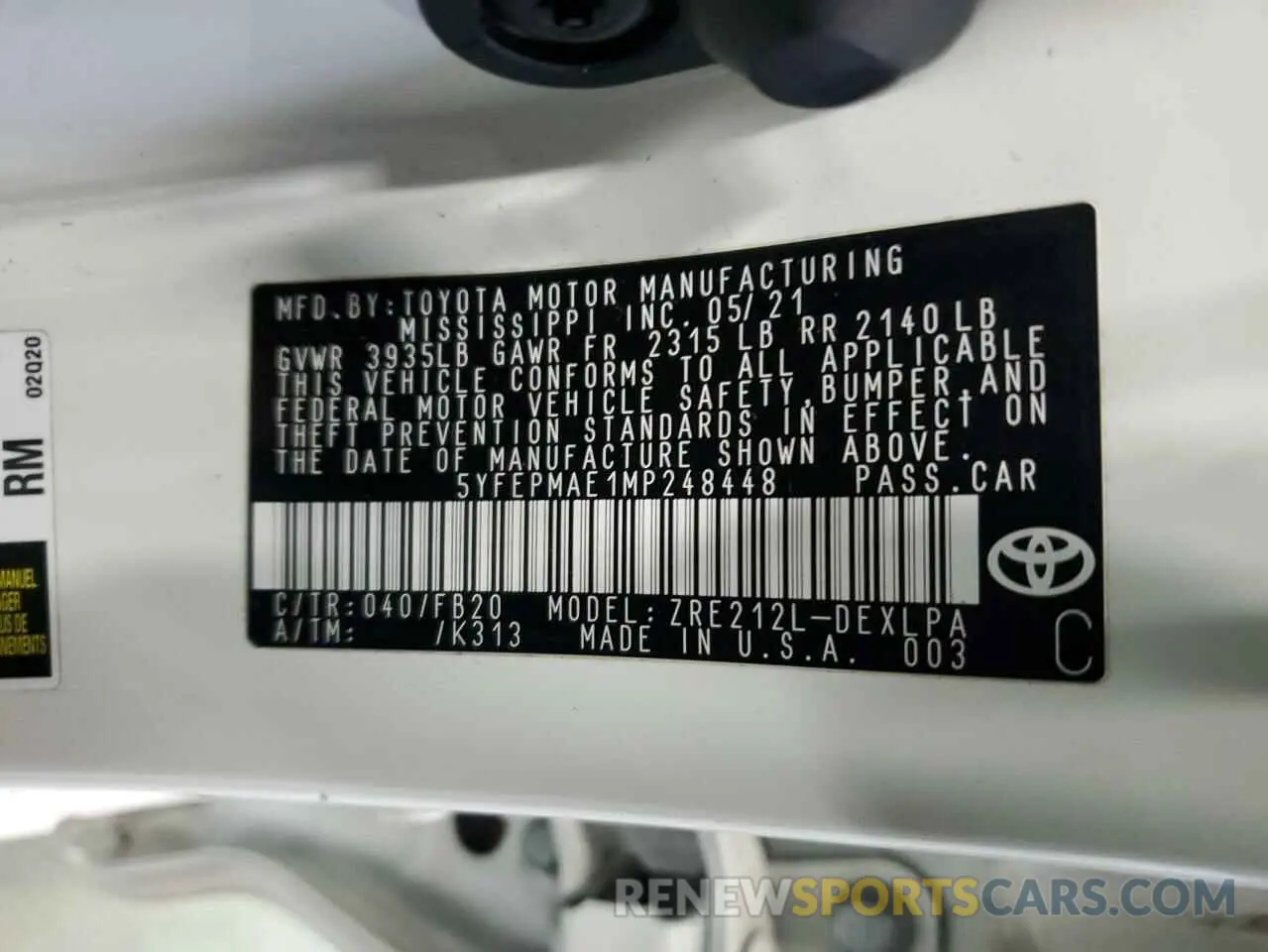 12 Photograph of a damaged car 5YFEPMAE1MP248448 TOYOTA COROLLA 2021