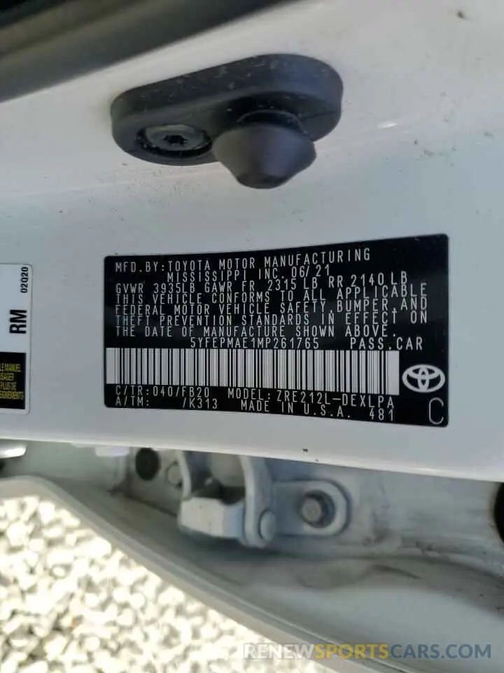 12 Photograph of a damaged car 5YFEPMAE1MP261765 TOYOTA COROLLA 2021