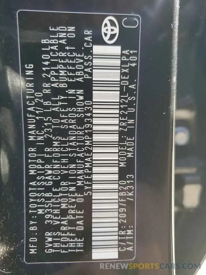 13 Photograph of a damaged car 5YFEPMAE2MP193430 TOYOTA COROLLA 2021