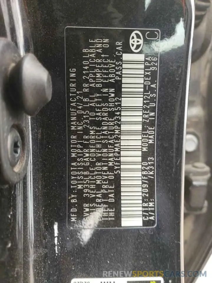 13 Photograph of a damaged car 5YFEPMAE2MP234512 TOYOTA COROLLA 2021