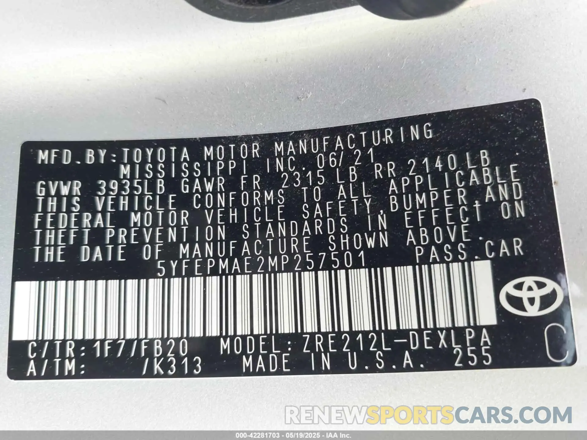 9 Photograph of a damaged car 5YFEPMAE2MP257501 TOYOTA COROLLA 2021