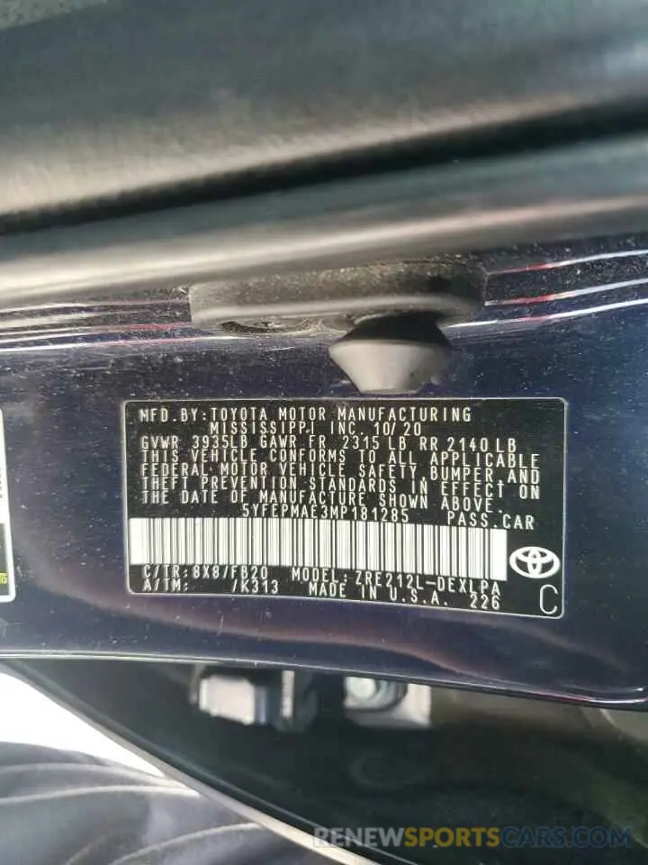 12 Photograph of a damaged car 5YFEPMAE3MP181285 TOYOTA COROLLA 2021