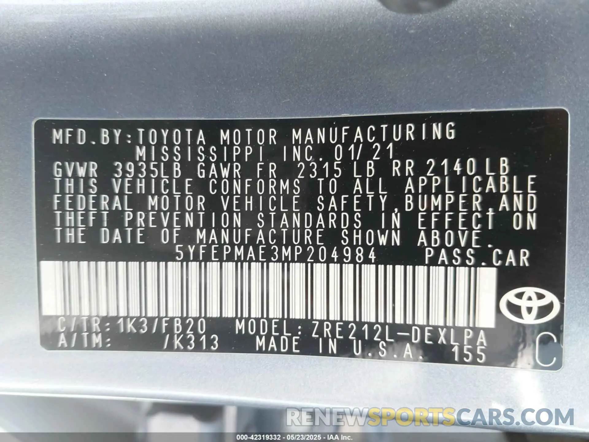 9 Photograph of a damaged car 5YFEPMAE3MP204984 TOYOTA COROLLA 2021