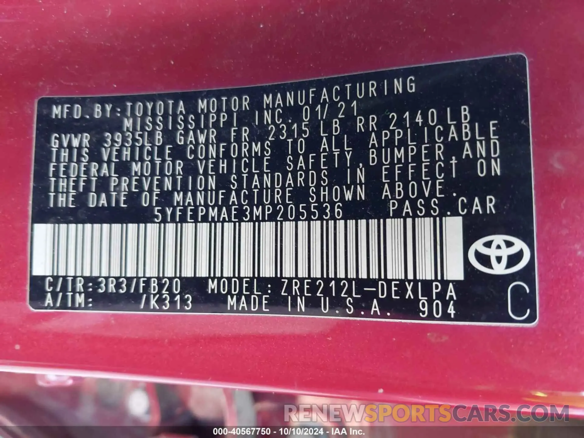 9 Photograph of a damaged car 5YFEPMAE3MP205536 TOYOTA COROLLA 2021