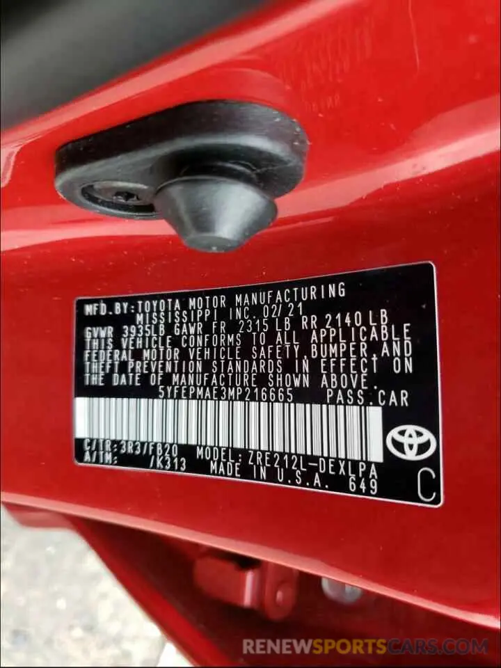 10 Photograph of a damaged car 5YFEPMAE3MP216665 TOYOTA COROLLA 2021
